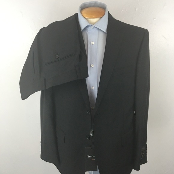 tiglio 2 piece 42s mens suit solid black 100% wool 2 button nwt Italy ea0170